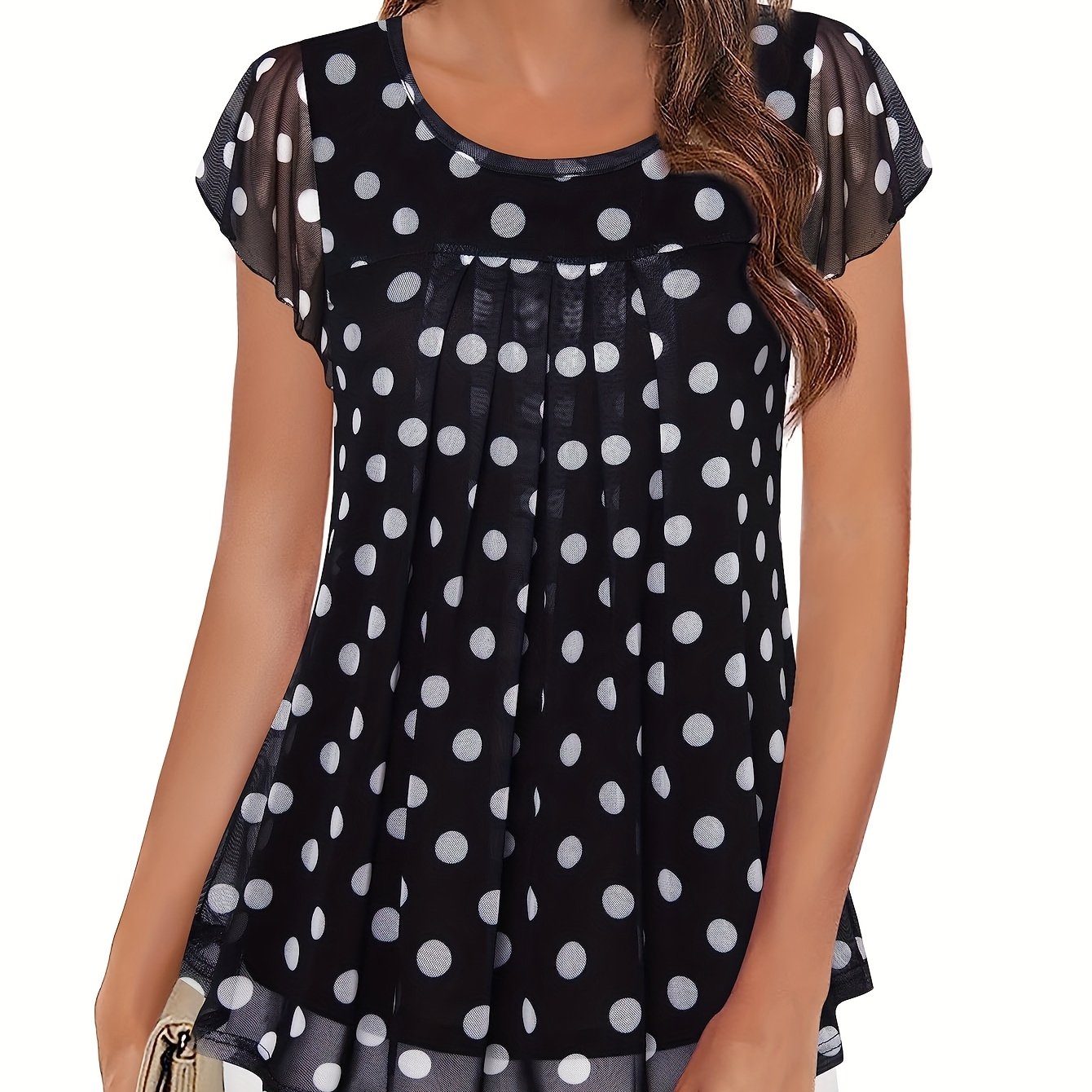 TEMU Damska tunika z krótkim rękawem, plisowana bluzka z siateczki, letnie topy w kwiaty