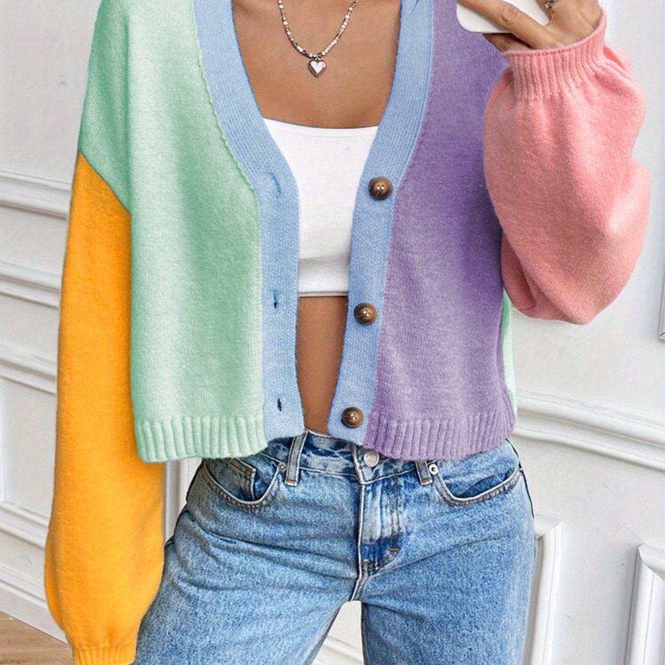 TEMU Kardigan z dekoltem w serek, jednorzędowy, z kontrastowymi wstawkami, z latarnianymi rękawami, luźny i uniwersalny, styl jesień/