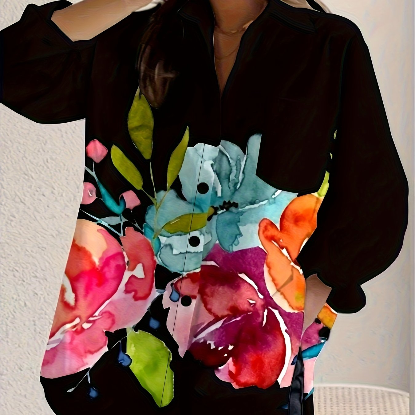 TEMU Damska koszula z długim rękawem w kwiatowy wzór, o regularnym, luźnym kroju i z klapami