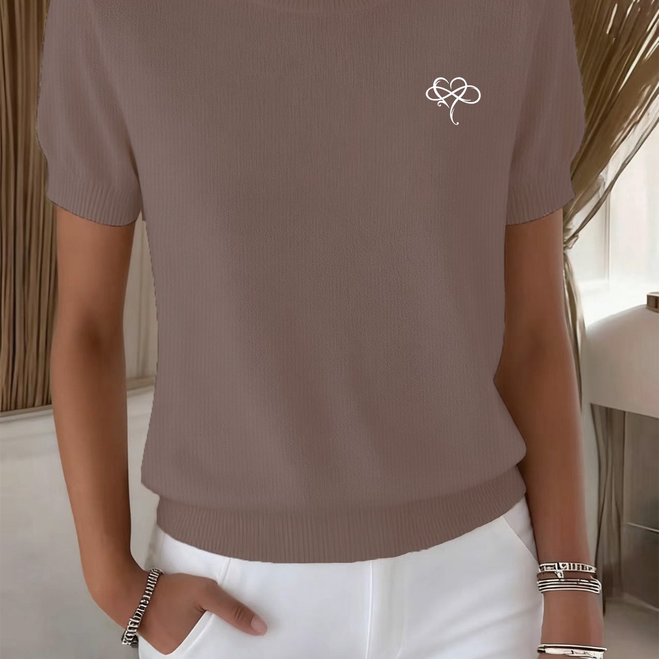 TEMU Damski sweter casualowy - luźny sweter z krótkim rękawem i okrągłym dekoltem, elastyczny i wygodny top, teksturowany wzór, wytrzymała tkanina,