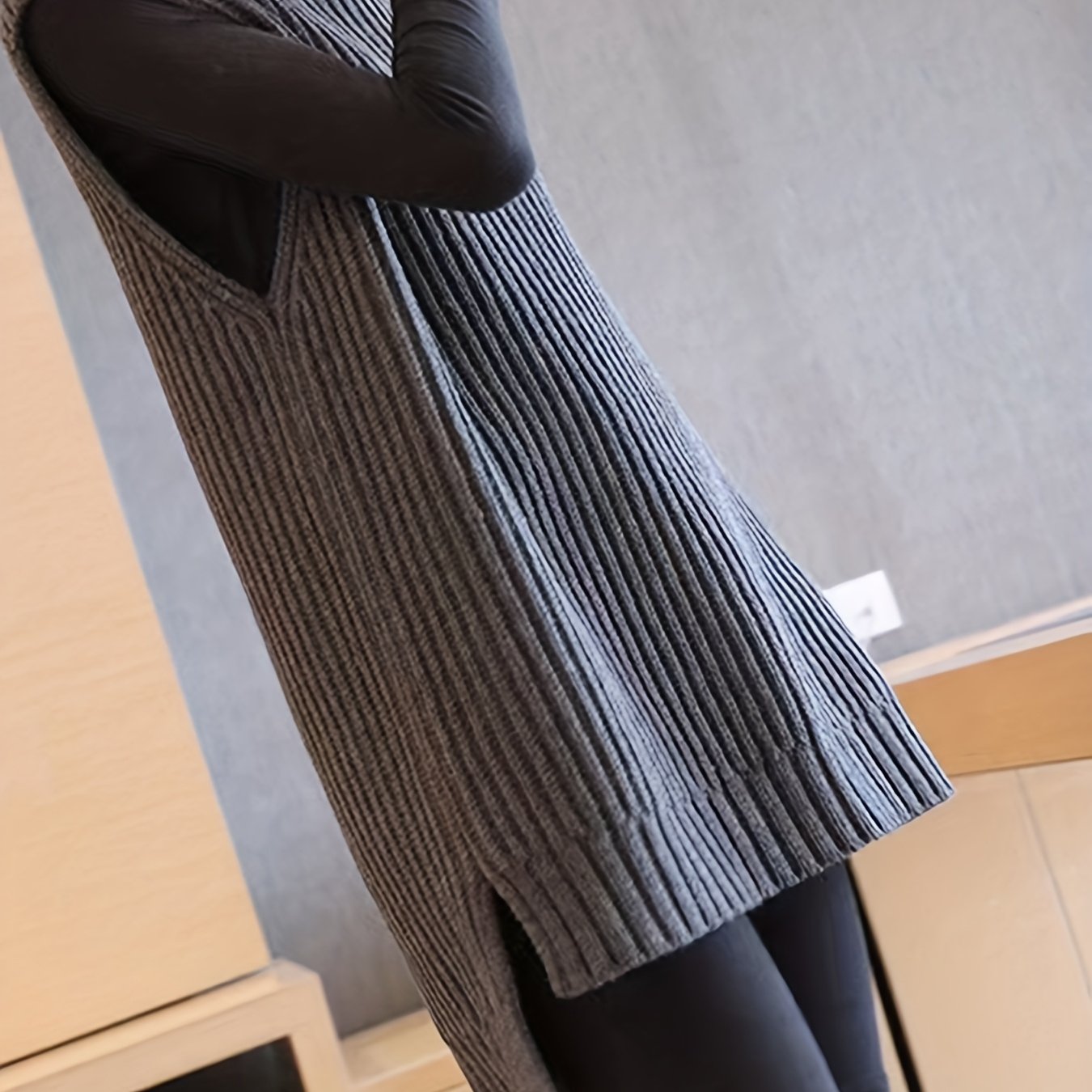 TEMU Damski Sweter Wysokiej Jakości, Jesień/, Średniej Długości Luźny Bezrękawnik z Wysokim Kołnierzem