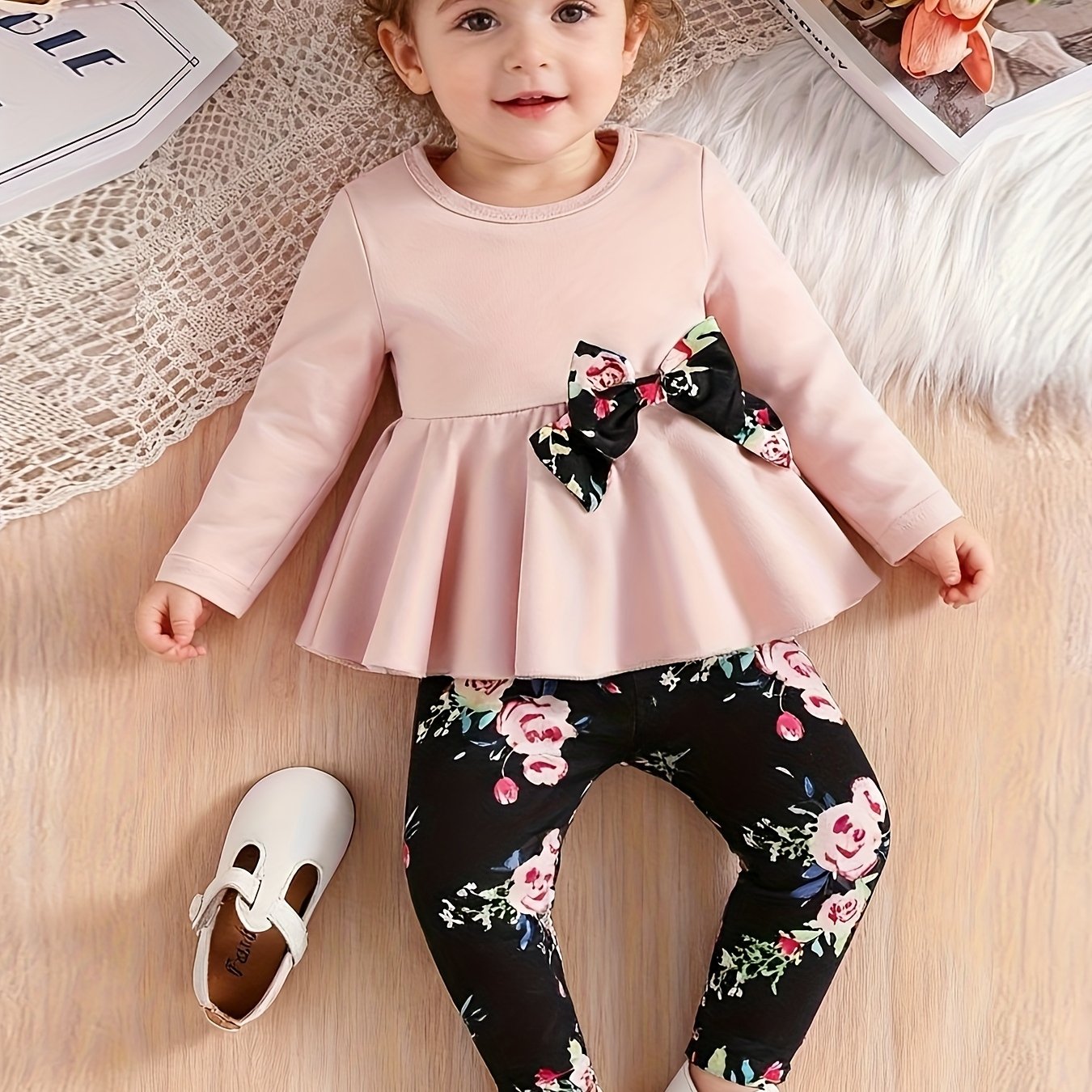 TEMU Zestaw 2 szt.: Bluzka + Spodnie, Kolekcja Wiosna/Jesień, Różowa Bluzka z Długim Rękawem i Wachlarzowym Dołem dla Dziewczynek, Czarne Legginsy z