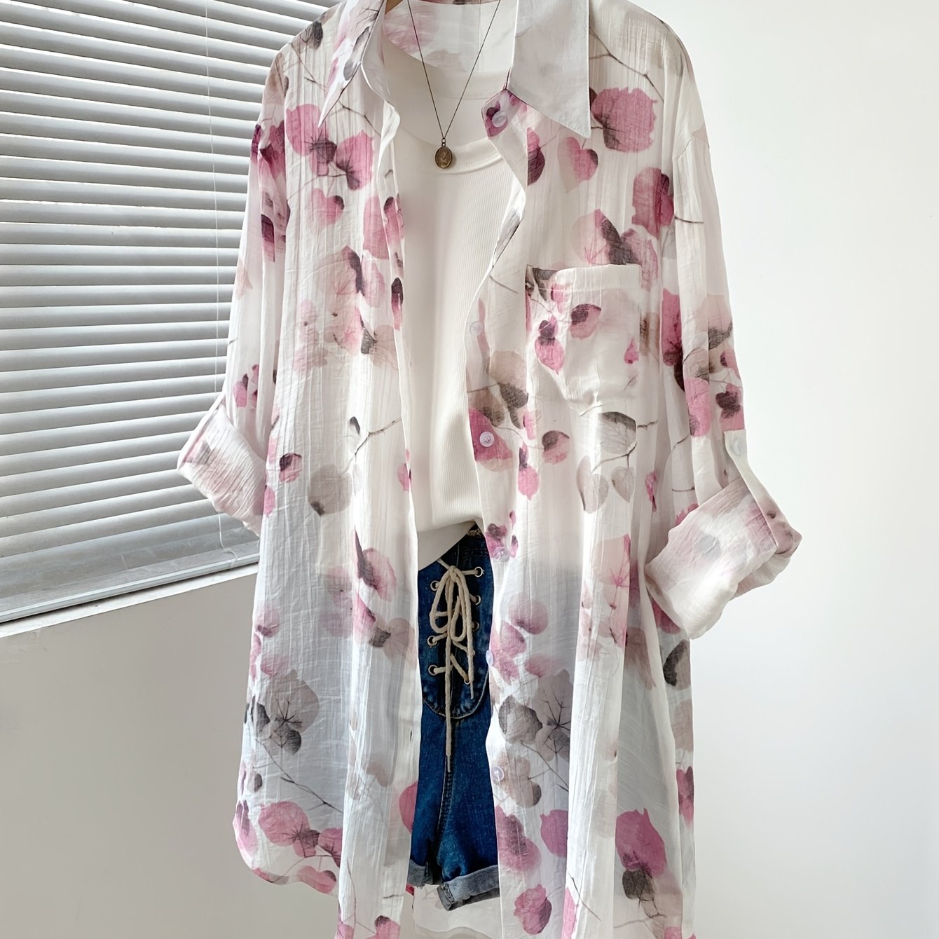 TEMU Kardigan w stylu vintage o średniej długości z rozmazanym nadrukiem na guziki, Elegancki nowy design, luźny, długi rękaw, top z ochroną