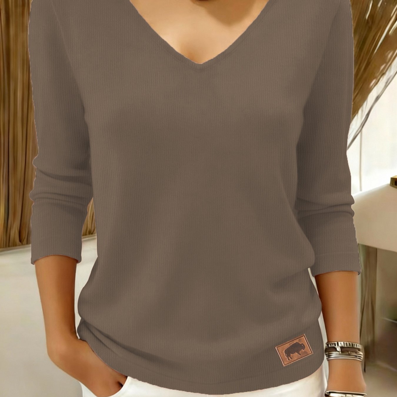 TEMU Damski sweter casualowy - Luźny sweter z długim rękawem i dekoltem w serek, wygodny top z mikroelastyczną tkaniną, teksturowany wzór, trwała