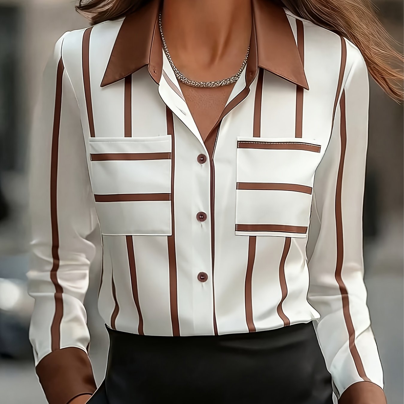 TEMU Damska koszula z kołnierzykiem, długimi rękawami i zapinana na guziki, zaprojektowana z kontrastowymi kolorami na szyi, mankietach, ciele i
