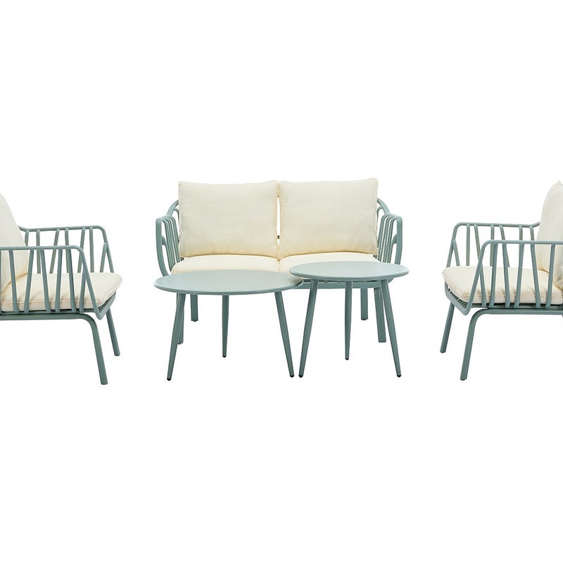 Zestaw mebli ogrodowych z polipropylenu i metalu: kanapa 2-osobowa, 2 fotele i 2 stoliki kawowe - Migdałowa zieleń - LOYNA marki MYLIA