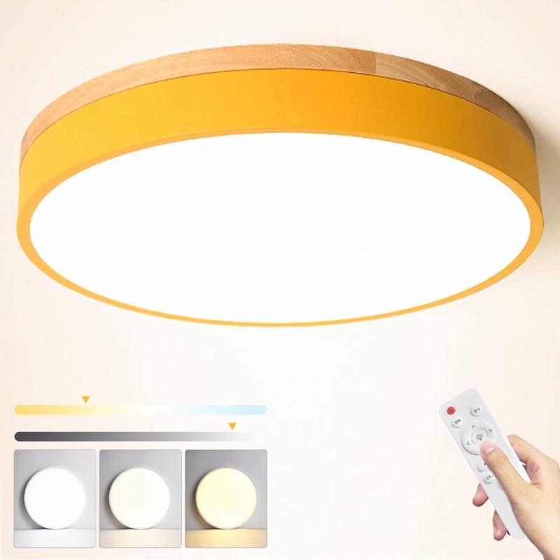 Lampa sufitowa LED 24 W, nowoczesna metalowa lampa sufitowa z pilotem, ściemniacz, 3 temperatury barwowe, 30 cm, żółta
