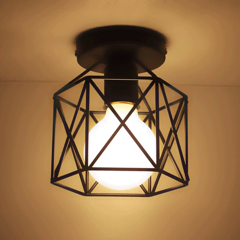 Plafon półwpuszczany E27, plafon z metalową klatką w stylu industrialnym retro z ciepłą żarówką, odpowiedni do salonu i sypialni