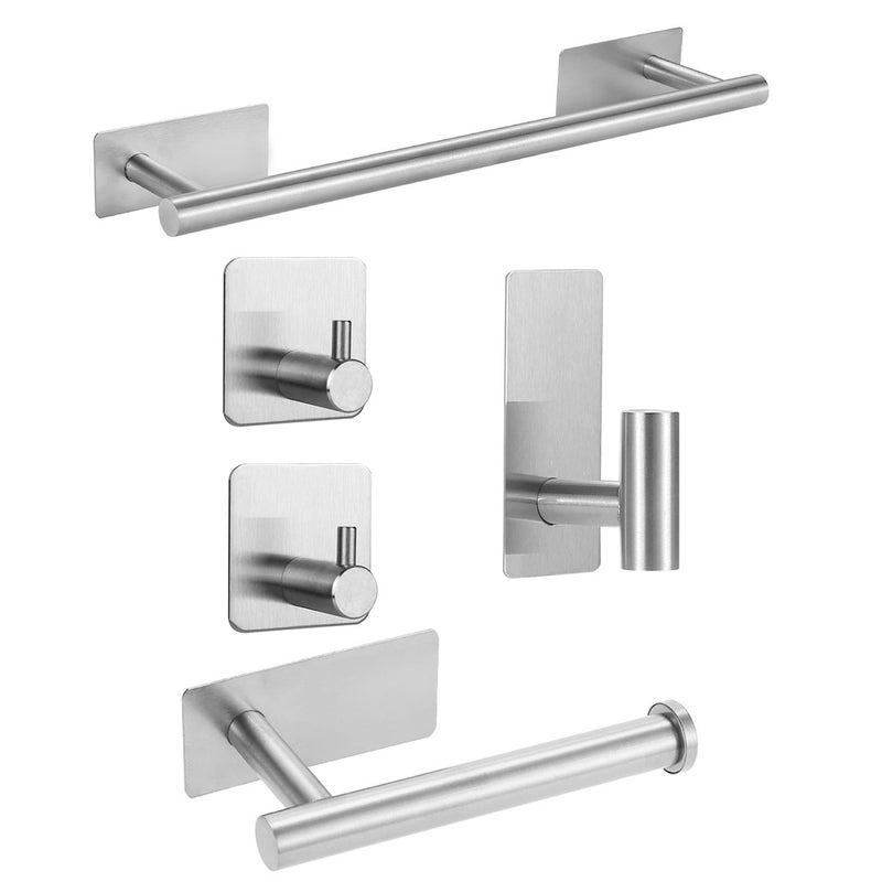 Zestaw akcesoriów łazienkowych 5-częściowy, bezotworowy wieszak na ręczniki ścienny, zestaw uchwytu na papier toaletowy i haczyka na szlafrok, srebrny
