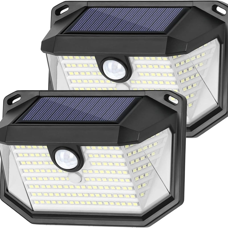 Zewnętrzna solarna lampa ścienna, 2 sztuki, 178 bardzo jasnych diod LED z czujnikiem ruchu, oświetlenie bezpieczeństwa z 3 trybami, wodoodporna