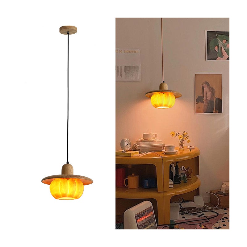 Mały żyrandol o średnicy 18 cm, Wiszący, Plafon wiszący, Lampa wisząca z abażurem z żywicy w kształcie dyni, ciepłe światło 3000 K