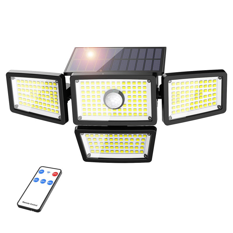 Zewnętrzna lampa solarna - lampa z czujnikiem ruchu 283LED, reflektor bezpieczeństwa z 4 głowicami, kinkiet oświetleniowy 270°, wodoodporność IP65