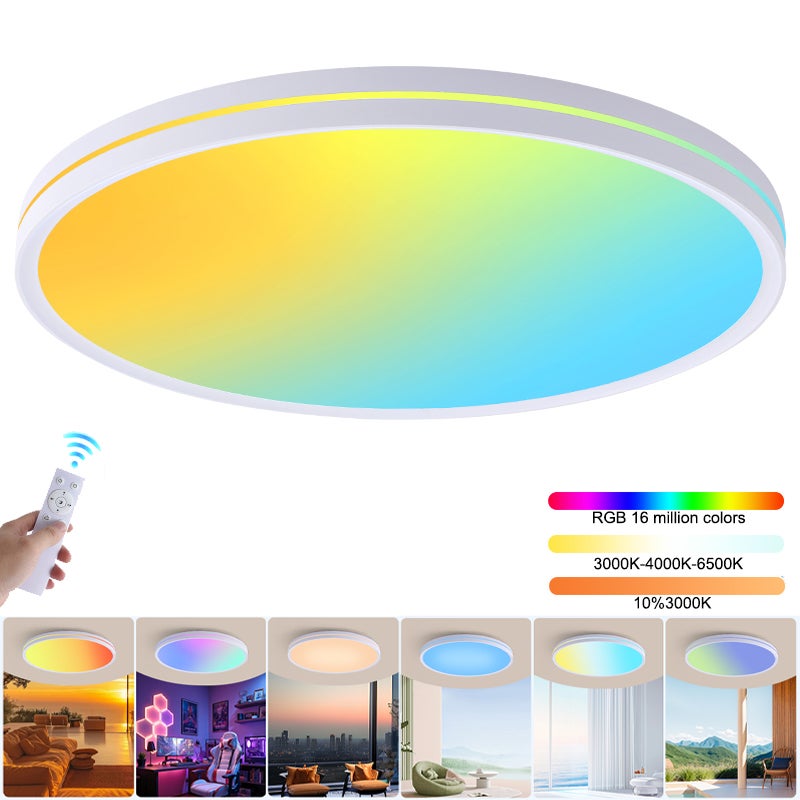 Ściemniany plafon LED z pilotem, świetlik LED o pełnym spektrum, tęczowy plafon RGB, zmienny kolor, φ37 cm