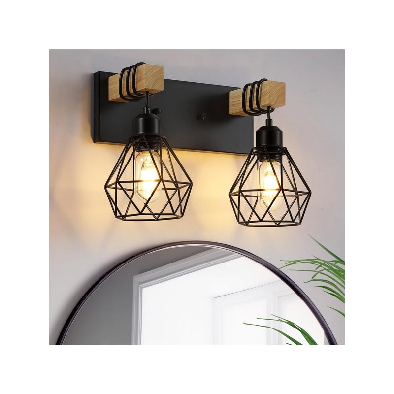 Kinkiet Industrialny 2 Światła - Lampa Lustro Łazienkowe & Przy Łóżku - Ciepłe Światło Nocne - Żarówki ST64 W Zestawie - Oświetlenie Wewnętrzne