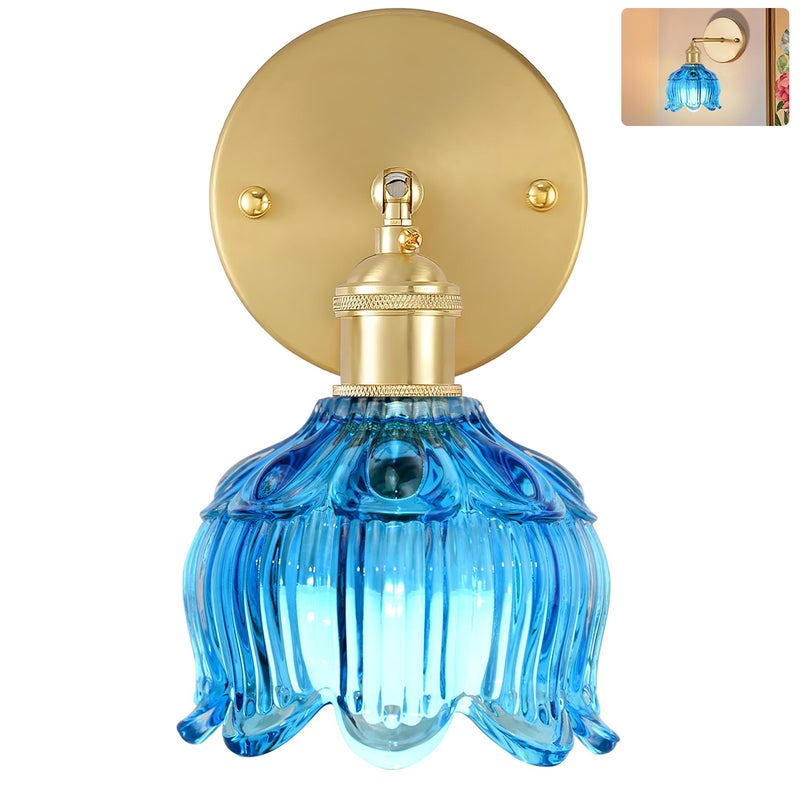 Kinkiet z żarówką, lampka nocna w stylu vintage, kinkiet do lustra łazienkowego, kinkiet kwiatowy z szklanym kloszem