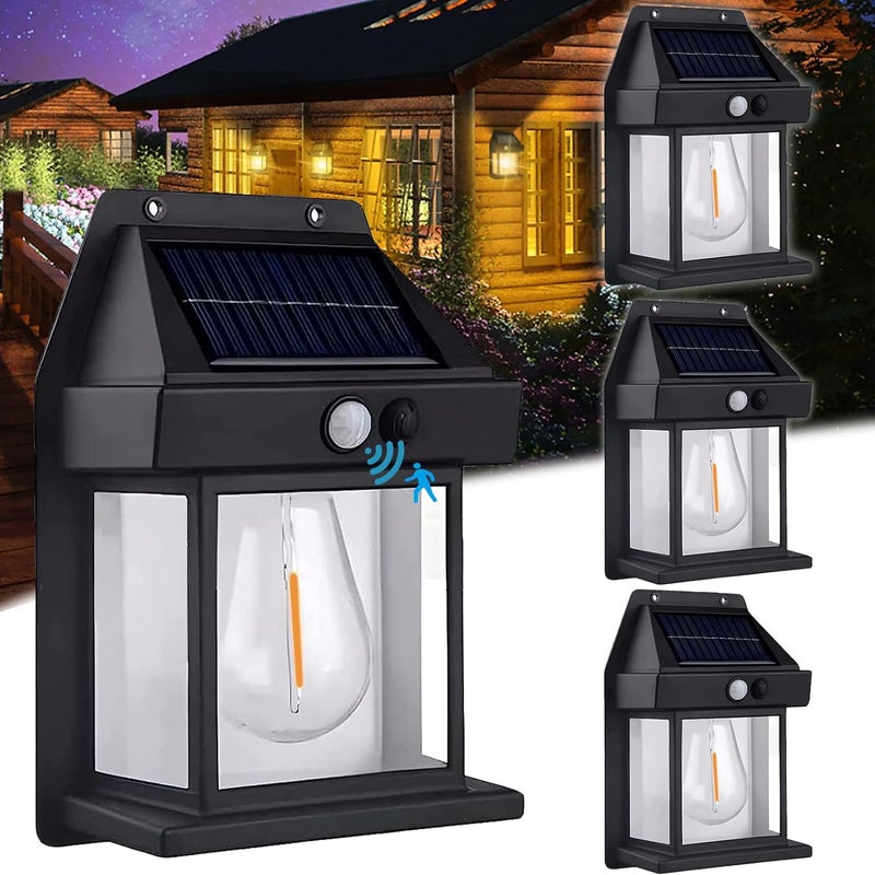 Zestaw 4 solarnych lamp ściennych z wolframu, kinkiet z czujnikiem ruchu i 3 trybami oświetlenia