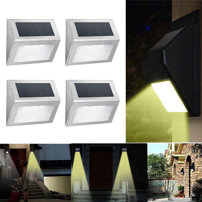 Zestaw 4 trójkątnych solarnych lamp ściennych zewnętrznych, oświetlenie dekoracyjne, stal nierdzewna [3 diody LED światło ciepłe]