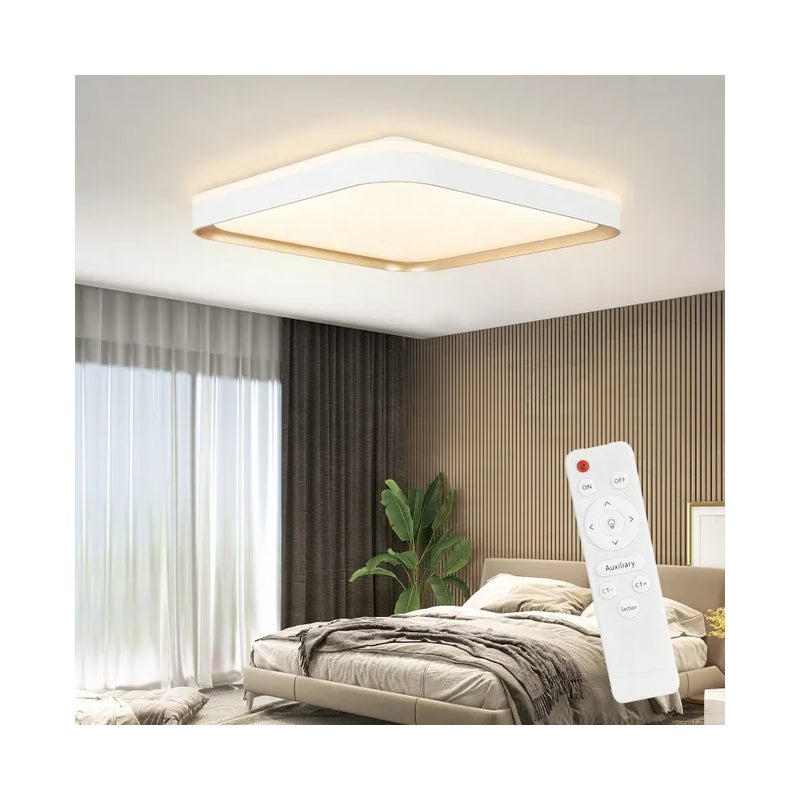 Ściemniana lampa sufitowa LED do sypialni z pilotem, nowoczesna i prosta kwadratowa lampa do salonu, 30 x 30 cm, platyna