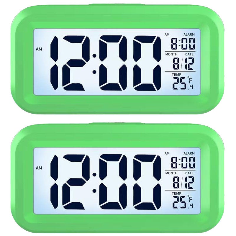 Zestaw 2 budzików z wyświetlaczem LCD LED z lampką nocną, funkcja drzemki, wyświetlanie temperatury i daty, zasilane bateriami (zielony)
