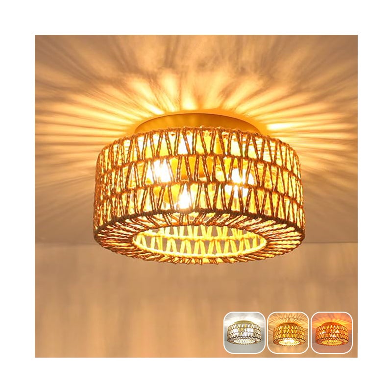 Lampa sufitowa z rattanu, żyrandol w stylu boho, lampa wisząca z żarówką, lampa sufitowa w stylu Wabi-sabi, 3 temperatury barwowe (3000K-6000K)