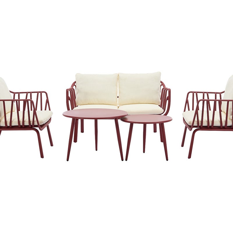 Zestaw mebli ogrodowych z polipropylenu i metalu: kanapa 2-osobowa, 2 fotele i 2 stoliki kawowe - Bordowy - LOYNA marki MYLIA