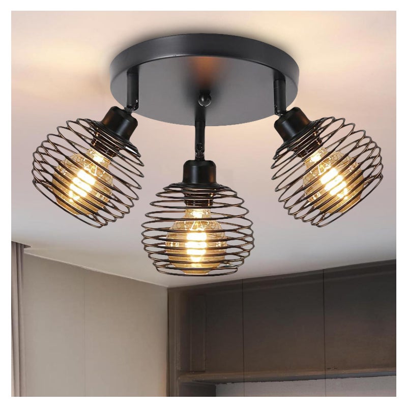 Przemysłowy plafon z 3 głowicami, czarny metalowy plafon, obrotowy żyrandol, retro ażurowy żyrandol sufitowy do salonu, kuchni, sypialni