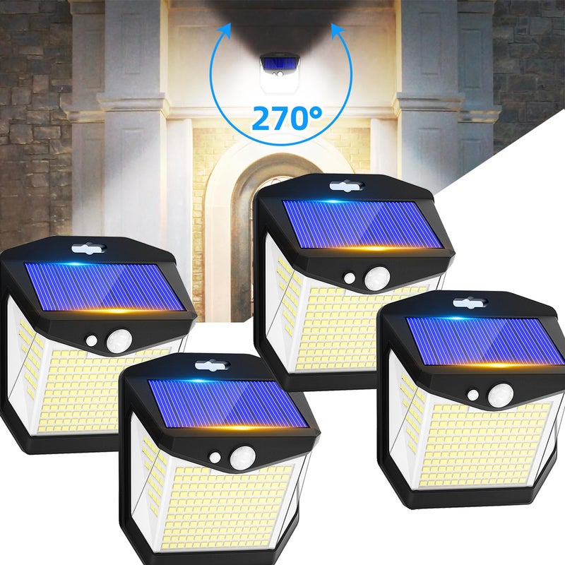 Zewnętrzna lampa solarna z czujnikiem ruchu – 248 diod LED – Wodoodporne oświetlenie słoneczne zewnętrzne IP65 270°, zestaw 4 sztuk (światło białe)