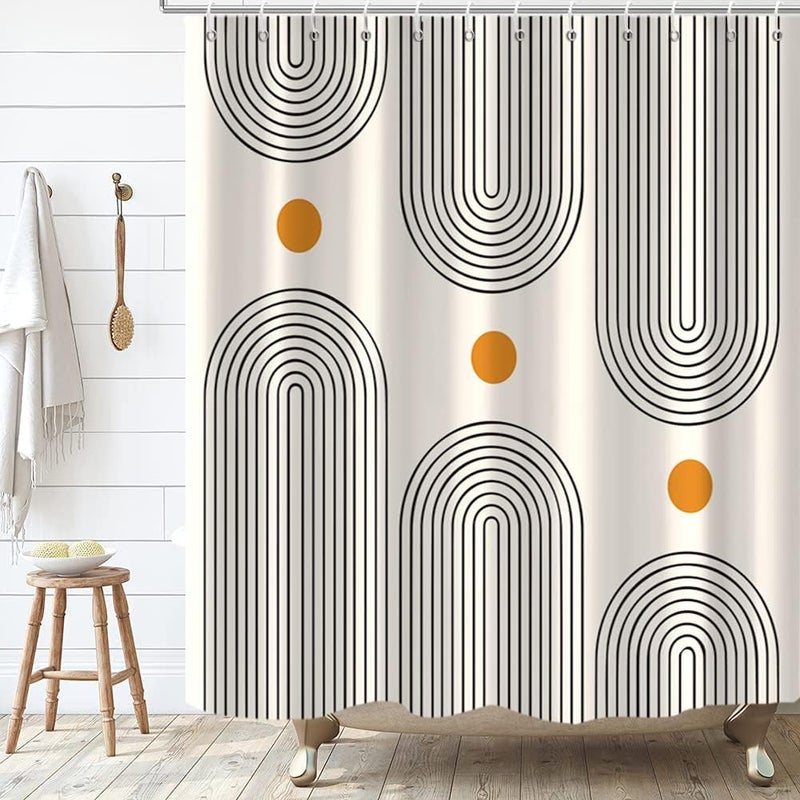 Bohoszykową zasłona prysznicowa w stylu mid-century 180 x 200 cm, minimalistyczna, abstrakcyjna, prosta i nowoczesna, z 12 haczykami