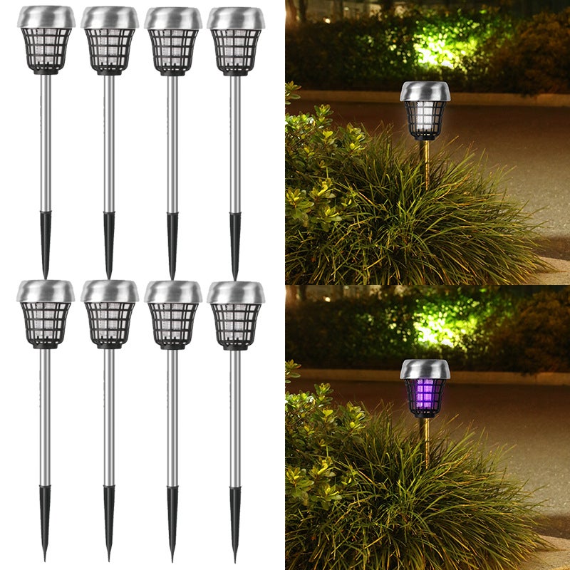 Zestaw 8 lamp solarnych przeciw komarom ze stali nierdzewnej, fioletowe LED, odstraszacz i pułapka na komary, 38,5 x 7,5 cm