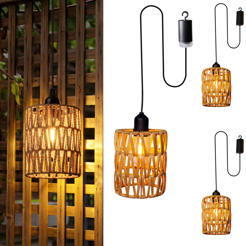 Zestaw 3 lamp wiszących zasilanych bateryjnie, kinkiet z plecionego bambusa, lampa rattanowa z żarówką o ciepłej barwie światła, lampion na patio.