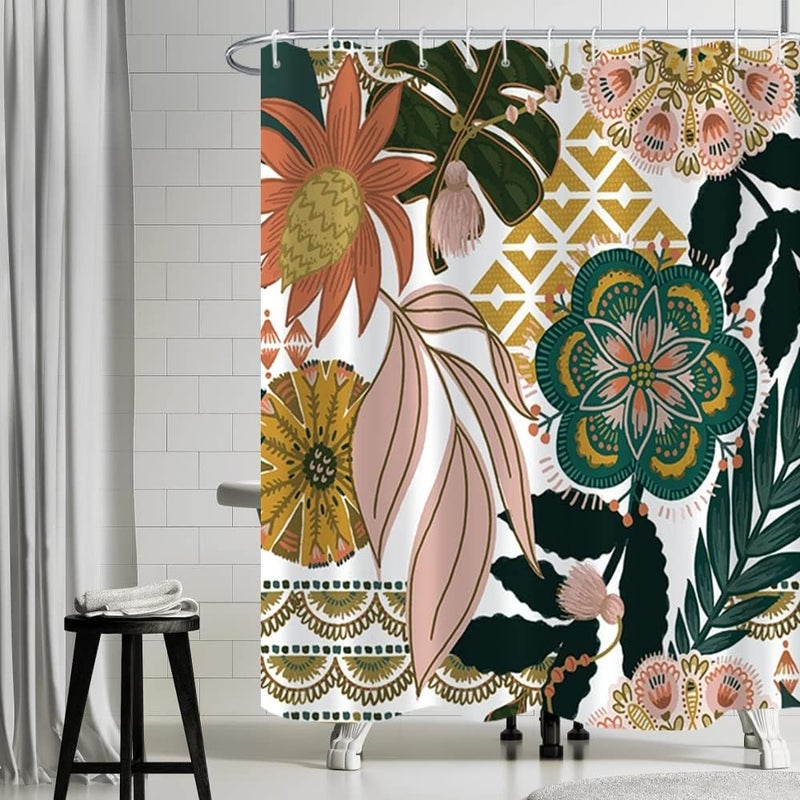 180x180cm Zasłona Prysznicowa w Stylu Boho Kwiaty Różowe Liście Zielona Zasłona Wodoodporna Antypleśniowa Tkanina Zmywalna Zasłona Łazienkowa