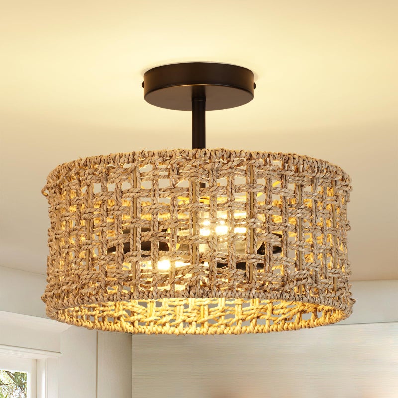 Lampa sufitowa z rattanu, żyrandol w stylu boho, lampa wisząca z żarówką, lampa sufitowa w stylu Wabi-sabi, 3 temperatury barwowe (3000K-6000K)