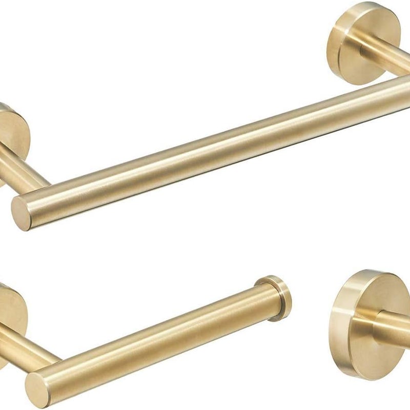 Trzyczęściowy zestaw akcesoriów łazienkowych: drążek na ręczniki 30 cm, uchwyt na papier toaletowy i wieszak na ręczniki, szczotkowane złoto.