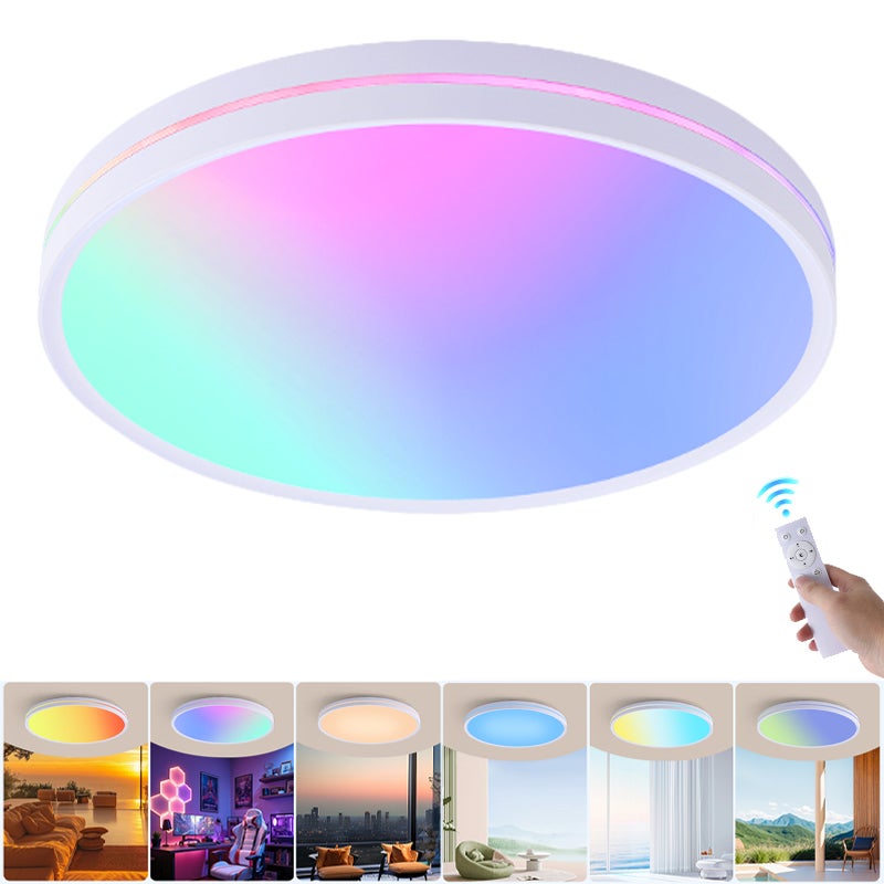 Ściemniany plafon LED z pilotem, świetlik LED o pełnym spektrum, tęczowy plafon RGB, zmienny kolor, φ37 cm