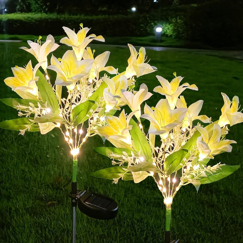 Zewnętrzne lampy solarne ogrodowe, zestaw 2 lamp solarnych, wodoodporne lampy solarne ze sztucznymi kwiatami, solarna lampa ogrodowa, żółta