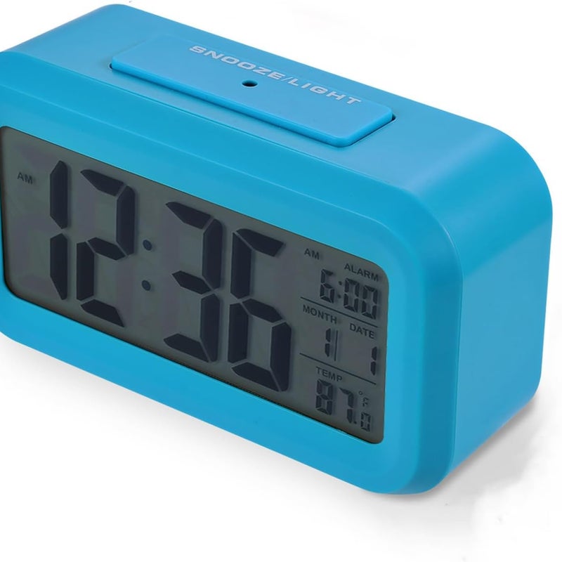 Cyfrowy budzik LED z lampką nocną, wyświetlacz temperatury, daty, funkcja drzemki, ekran LCD, dla studentów, do domu, biura, niebieski