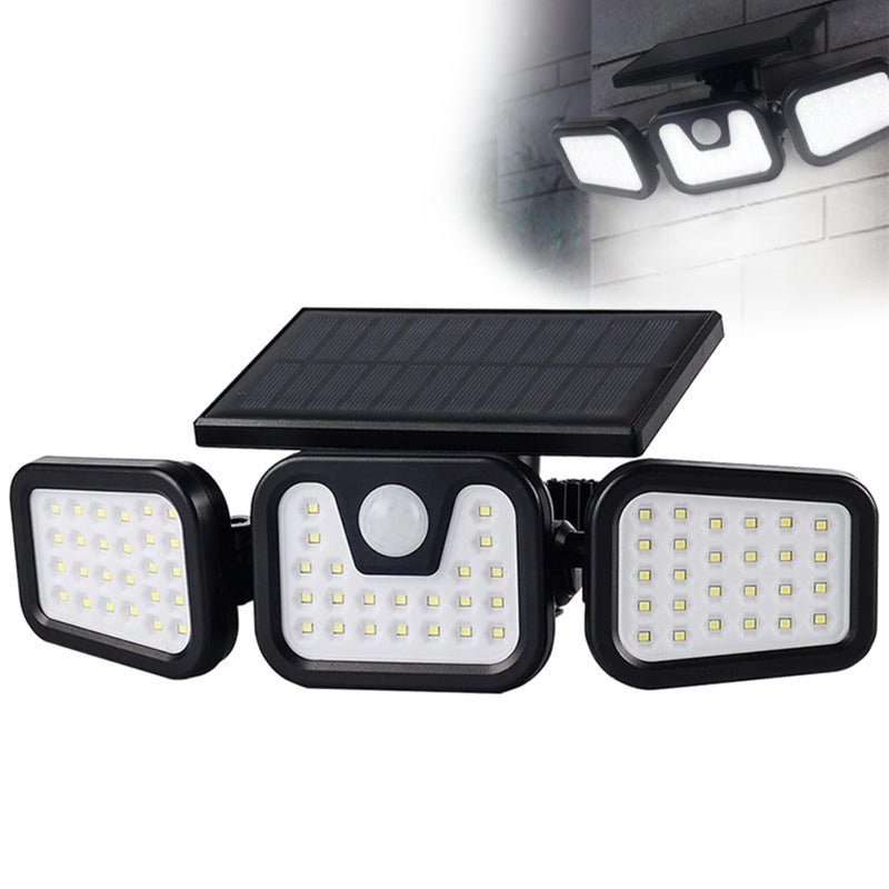 Zewnętrzna lampa solarna 74 LED, składana, obrotowa lampa bezpieczeństwa, lampa z czujnikiem ruchu z 3 głowicami, wodoodporny kinkiet IP65