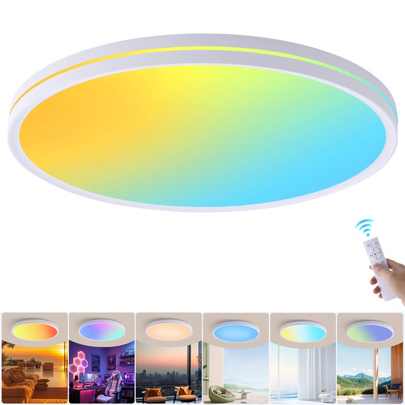 Ściemniany plafon LED z pilotem, świetlik LED o pełnym spektrum, tęczowy plafon RGB, zmienny kolor, φ37 cm