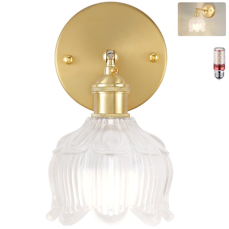 Kinkiet z żarówką, lampka nocna w stylu vintage, kinkiet do lustra łazienkowego, kinkiet kwiatowy z kloszem ze szkła