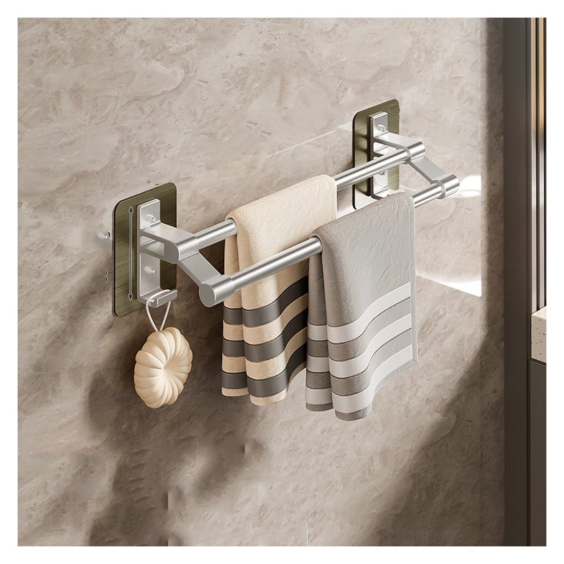 Wieszak na ręczniki łazienkowy z 2 haczykami, ścienny uchwyt na ręczniki bez wiercenia (srebrny, 40 cm)