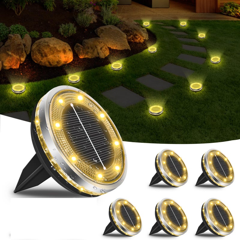 Zestaw 6 zewnętrznych lamp solarnych, 8 płaskich diod LED, wodoodporne, idealne do alejek, ogrodów i aranżacji krajobrazu (ciepłe, białe światło).
