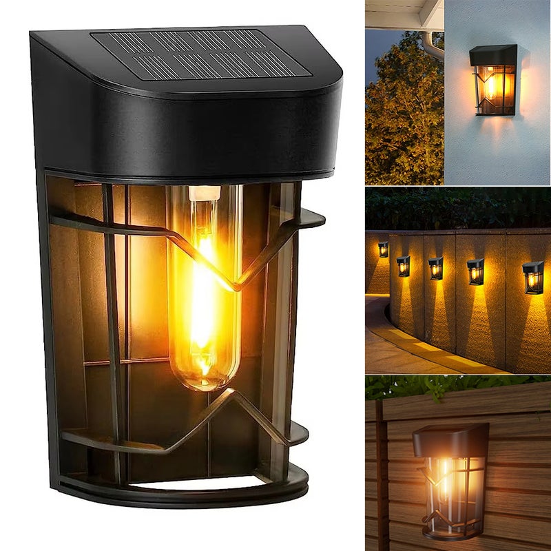 Wodoszczelne zewnętrzne lampy solarne, lampy solarne do ogrodzeń od zmierzchu do świtu, solarne lampy ścienne z żarówkami LED Edison 3000 K