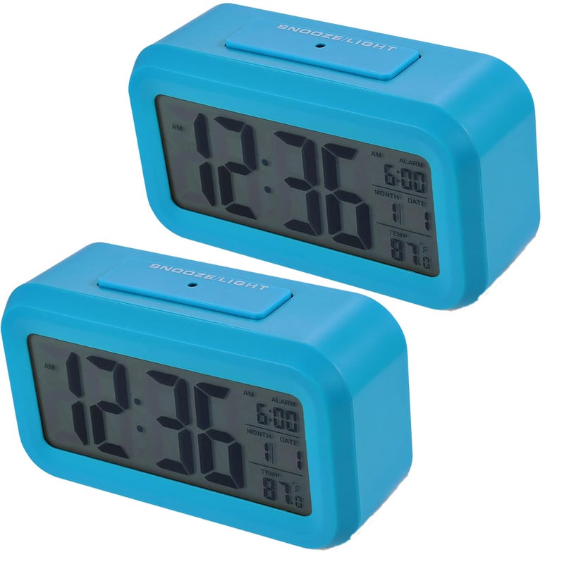 Cyfrowy budzik LED (2 sztuki) ze światłem nocnym, temperaturą, datą, funkcją drzemki, wyświetlaczem LCD, dla studentów i do biur, niebieski