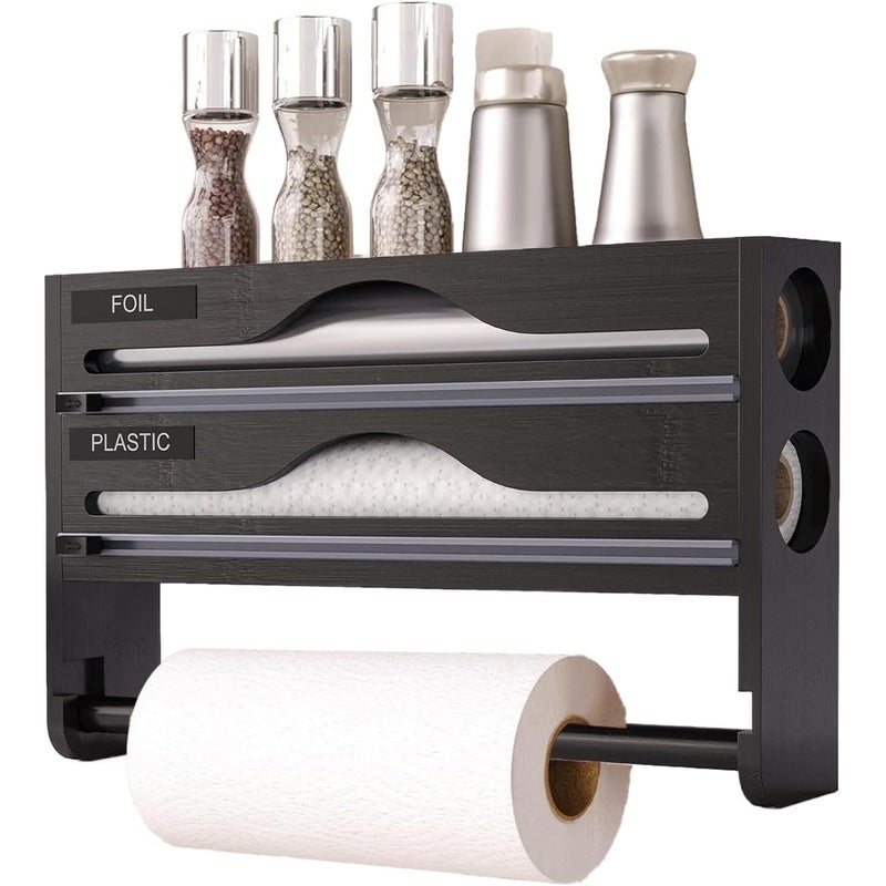 2-poziomowy bambusowy podajnik folii spożywczej z uchwytem na ręcznik papierowy i aluminiowym schowkiem, czarny