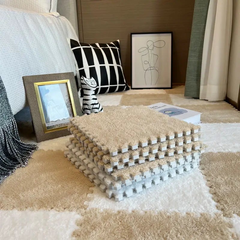 Miękki dywanik z pianki z długim włosiem, 12 sztuk, antypoślizgowa mata ochronna, płytki podłogowe, mata do ćwiczeń, dekoracja pokoju