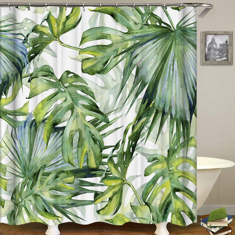 Zasłona Prysznicowa Dżungla Tropikalna Palma Roślina Oryginalne Zasłony Prysznicowe Antypleśniowe Zielone Tkaniny z 12 Haczykami (180cm * 200cm)