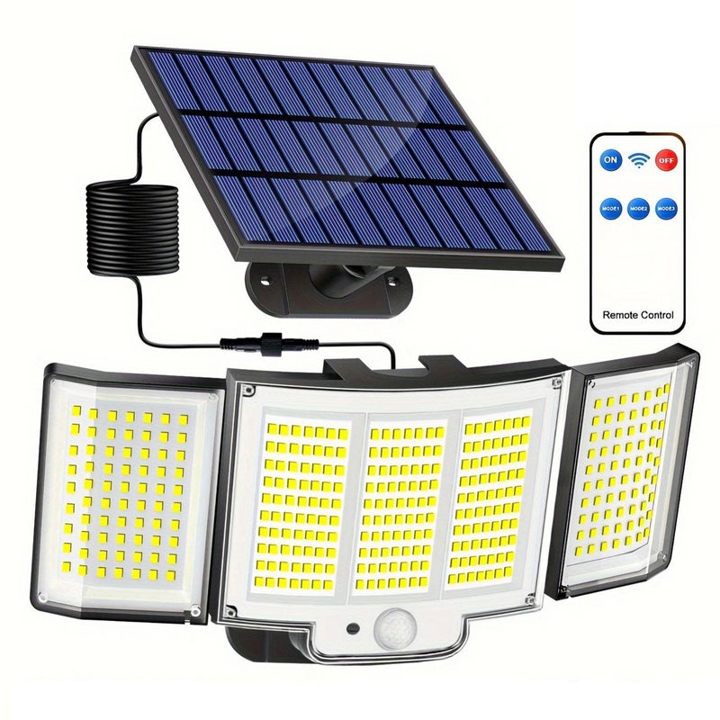 Zewnętrzne lampy solarne, 348 LED / 3 tryby, dzielony solarny czujnik ruchu z pilotem, wodoszczelny reflektor z 3 głowicami, szeroki kąt 300°