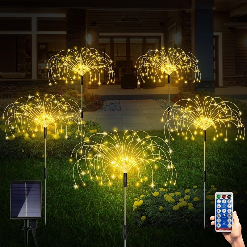 Zestaw 4 zewnętrznych lamp solarnych ogrodowych, 8 trybów, dekoracja zewnętrzna DIY, fajerwerki 120 LED (biały ciepły)