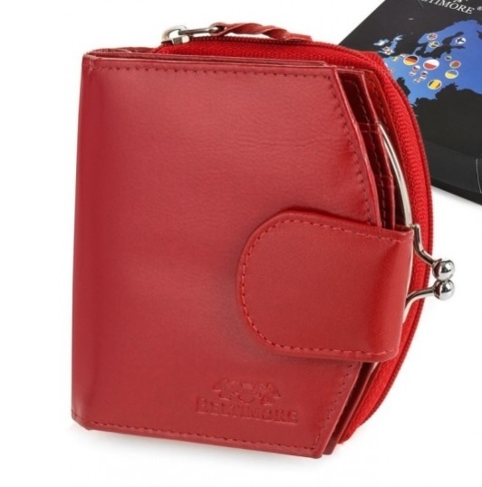 Damski Skórzany Portfel BELTIMORE Z Suwakiem I Klamrą Skóra Licowa Eleganckie Pudełko RFID BTML53 CZERWONY 10,5 x 10 x 3,5 [cm]