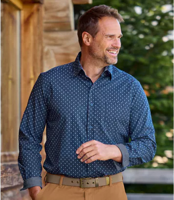 Koszula popelinowa flammée w fantazyjne mikrowzory Mężczyzna Atlas For Men - Kolor : Granatowy - Rozmiar : 4XL